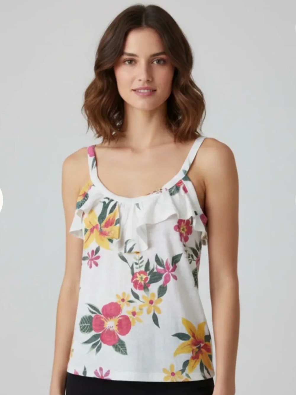 Old Navy White Multicolor Floral Ruffle Scoop Neck Knit Tank Cami Women’s